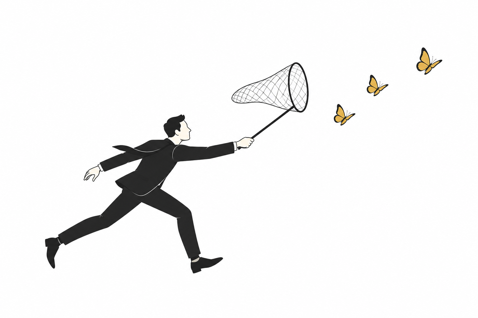 Man in a suit chasing butterflies with a net